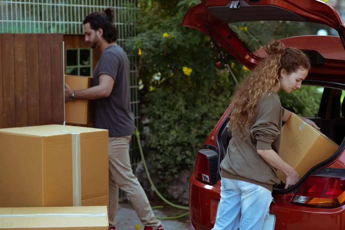 Diverse couple getting carton boxes out of car